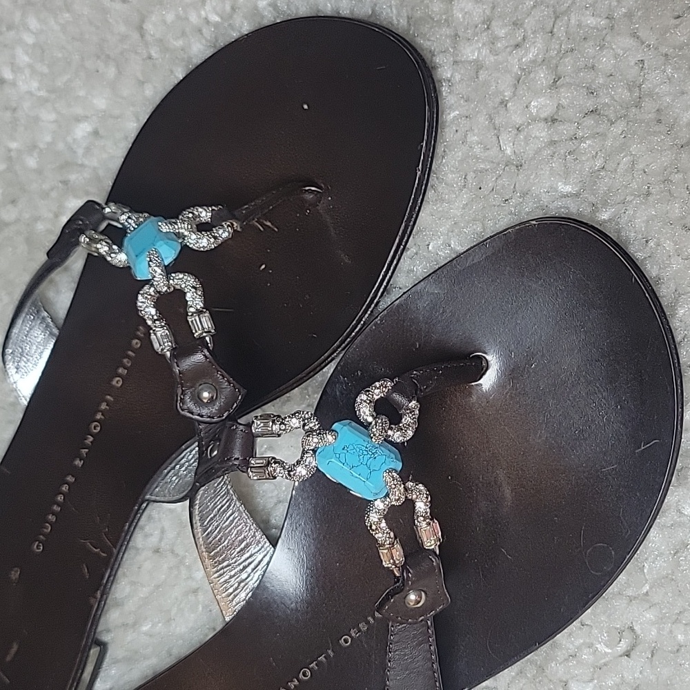 GIUSEPPE ZANOTTI Brown And  Bling Horseshoe And Turquoise Thong Slides Size 37 - Picture 8 of 15